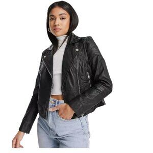 NEW Barney's Black Original Clara Real Leather Moto Asymmetrical Crop Jacket